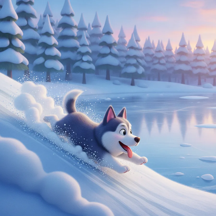 Ce husky joyeux glisse sur une pente, ce qui rend facile le coloriage des grandes zones de neige. Les enfants adoreront ajouter des détails aux arbres et au husky ludique.