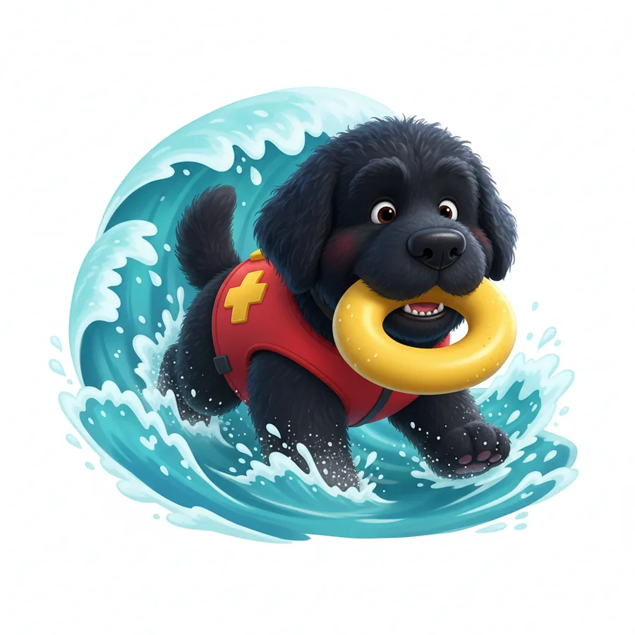 Cheerful Newfoundland Dog in Waves — Free Coloring Page for Kids