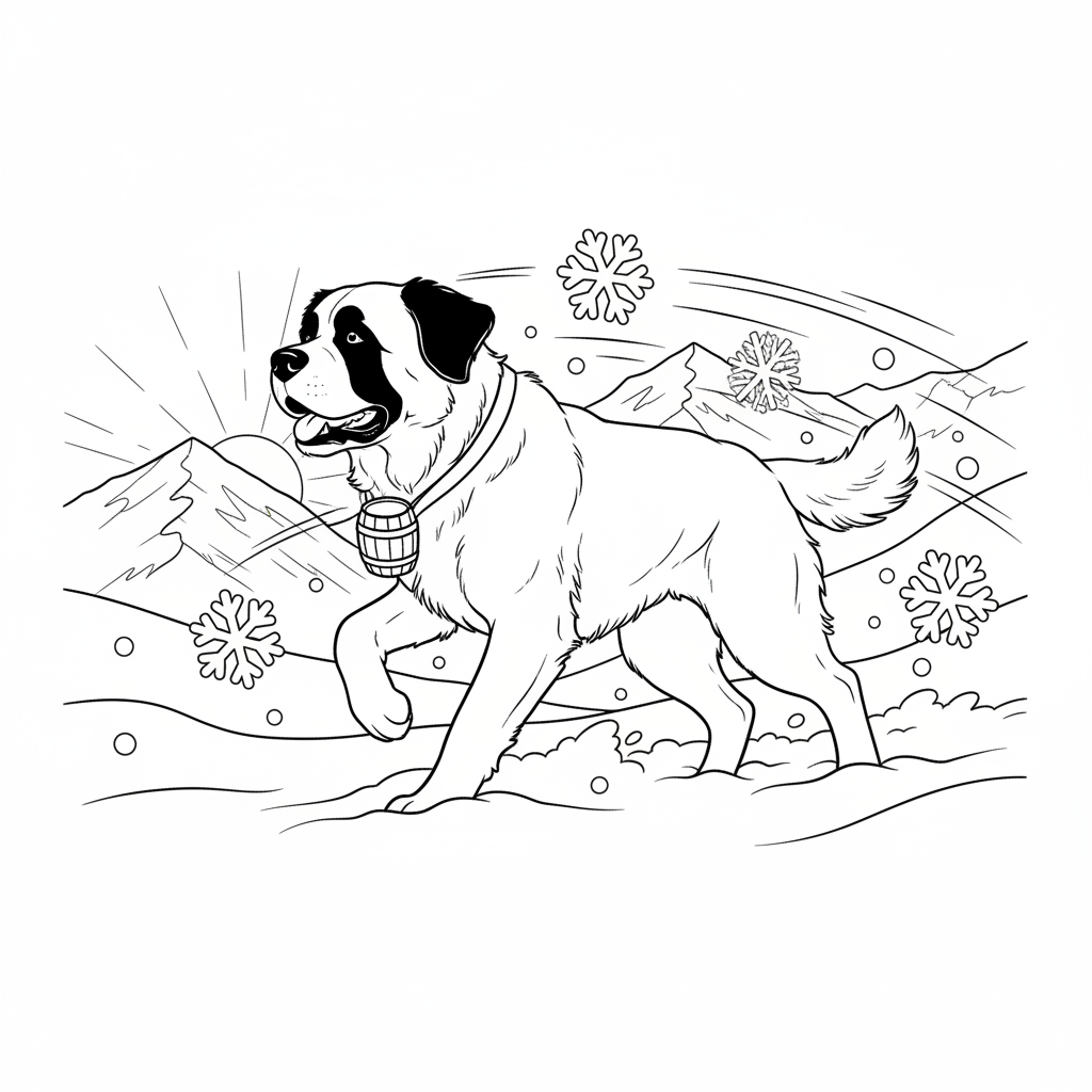 Saint Bernard Puppy in Snow — Free Coloring Page for Kids coloring page