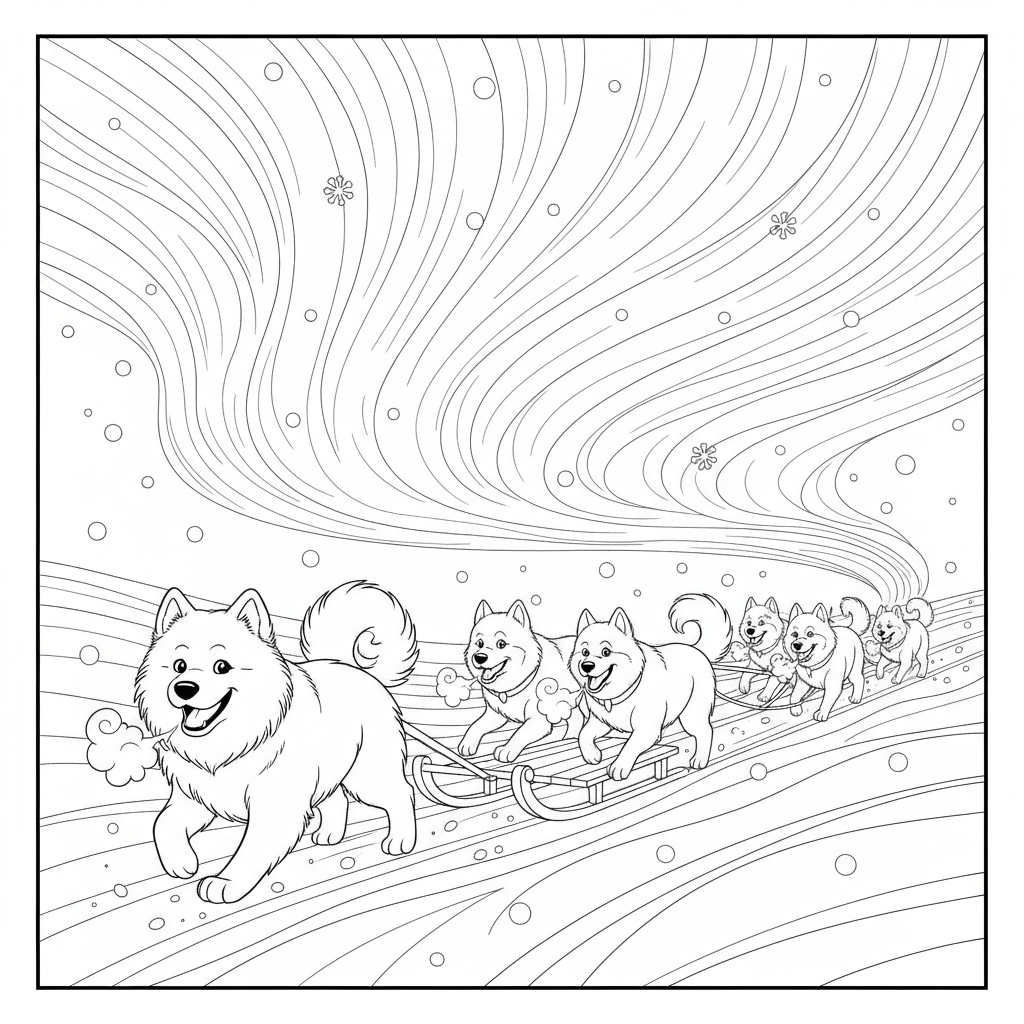 Cheerful Samoyed Dogs Pulling a Sled — Free Coloring Page for Kids coloring page