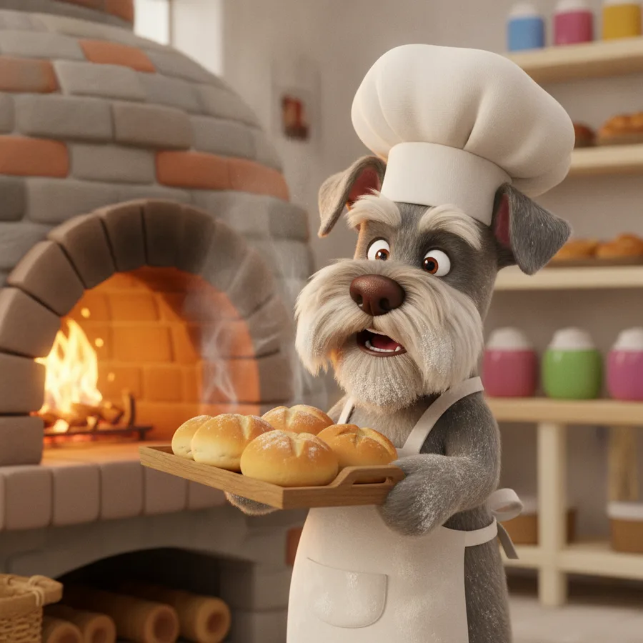 This coloring page features a friendly schnauzer baker with easy areas like the chef's hat and apron, while the tray and bakery background add some challenge.