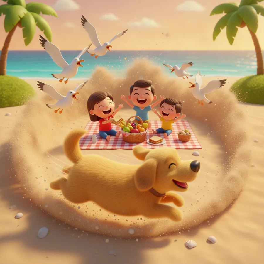 This lively beach scene features two children and a dog enjoying a picnic. The sandy areas are easy to color, while the details in the seagulls add a fun challenge.