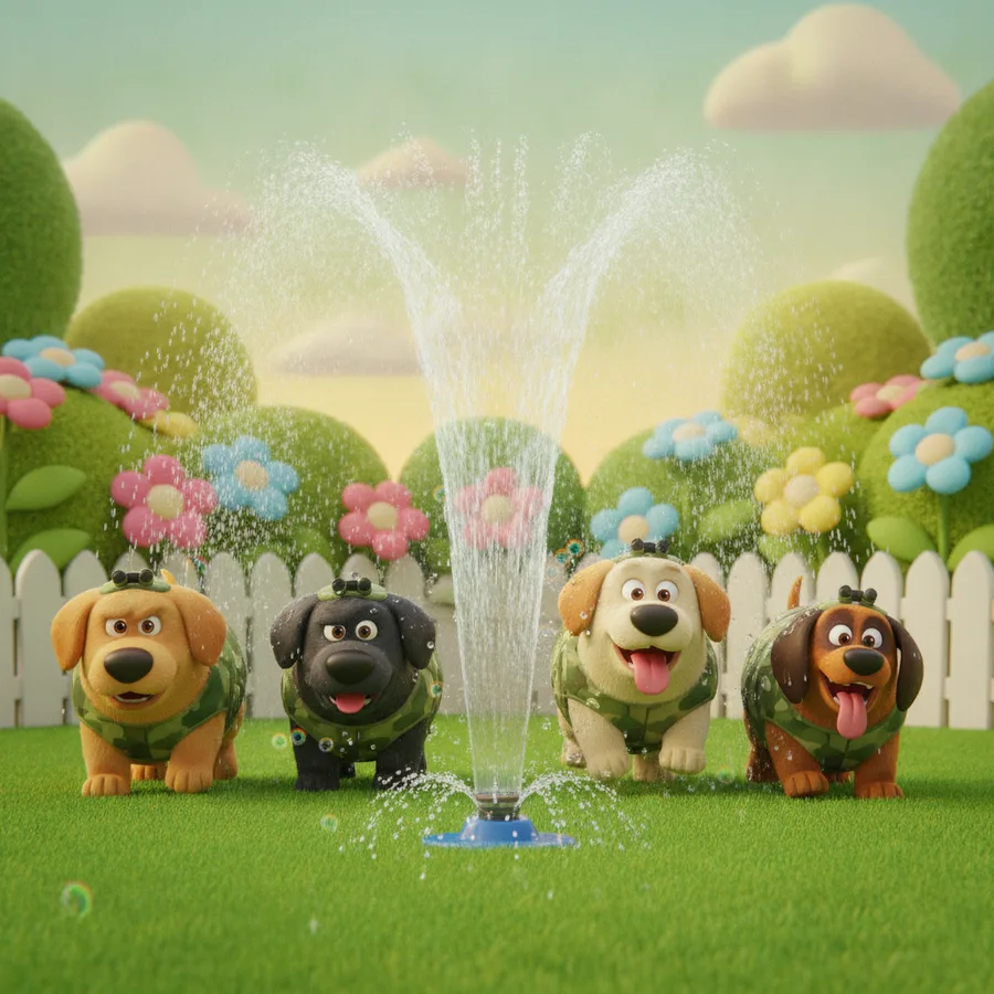 Diese lebhafte Ausmalbild zeigt vier verspielte Hunde, die in einem grünen Garten Spaß haben. Die Hunde und der Sprinkler sind leicht zu kolorieren, während die Blumen und Büsche eine größere Herausforderung bieten.