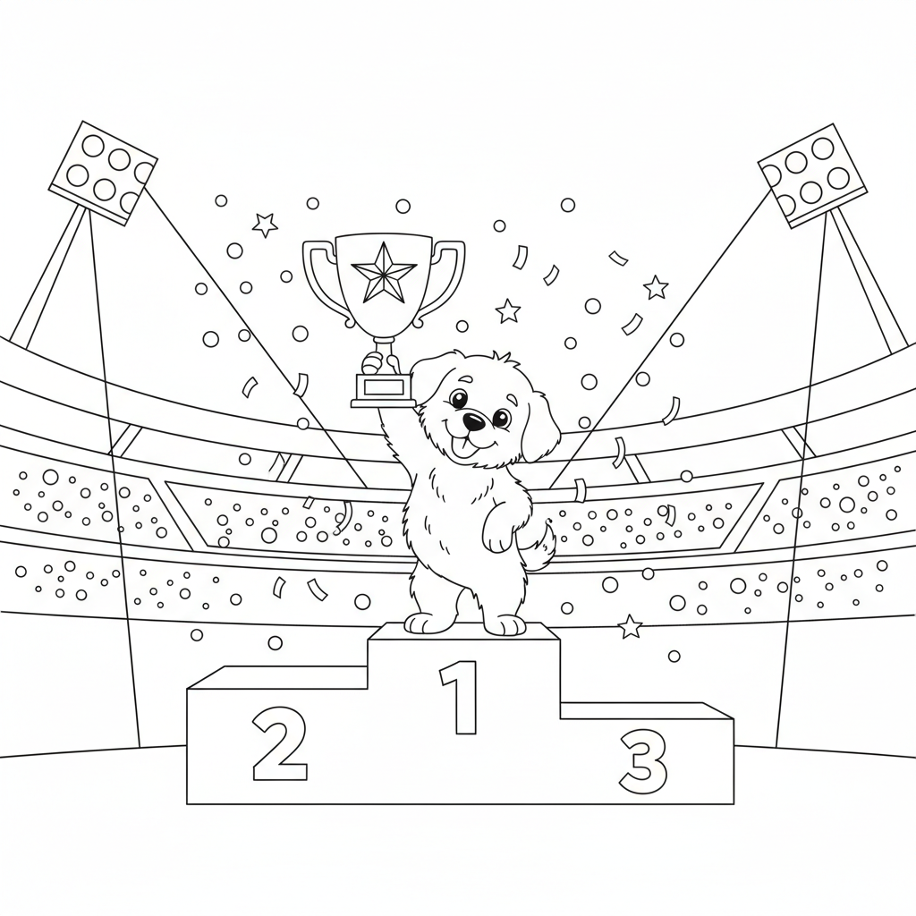 Puppy Trophy Celebration — Free Coloring Page for Kids coloring page