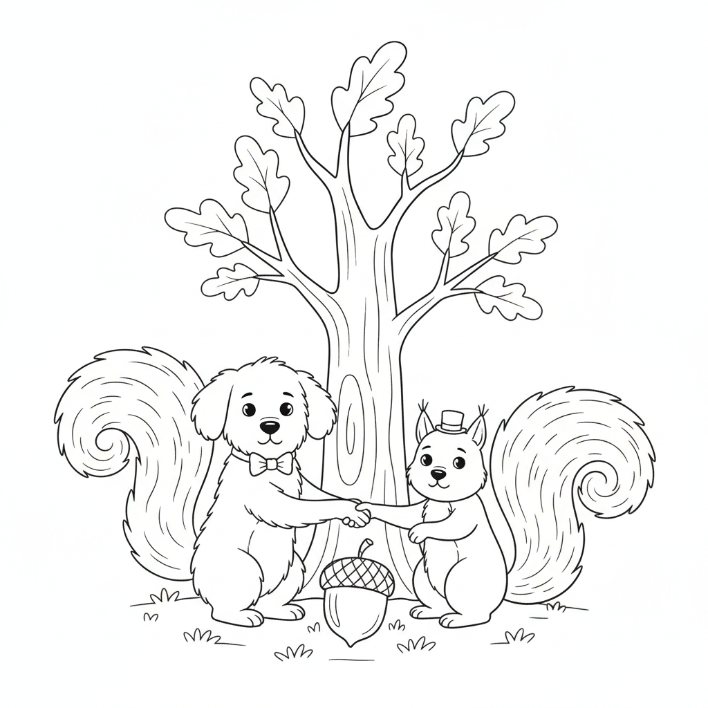 Cheerful Golden Retriever Meets Squirrel — Free Coloring Page for Kids