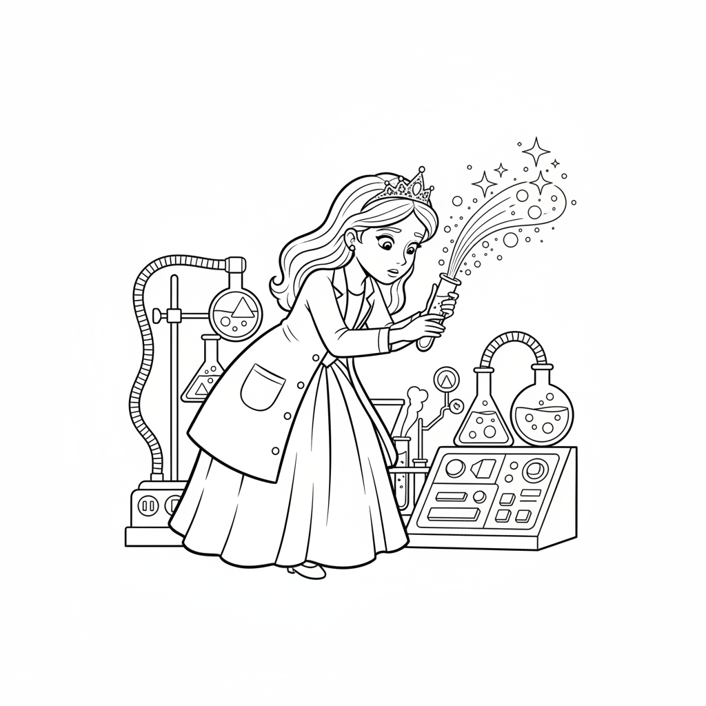 Scientist Princess Mixing Colors — Free Coloring Page for Kids coloring page