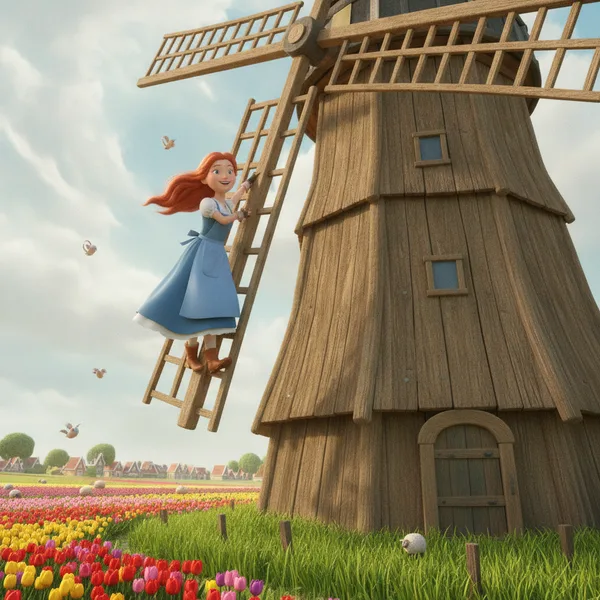 Cheerful Princess at a Windmill — Free Coloring Page for Kids