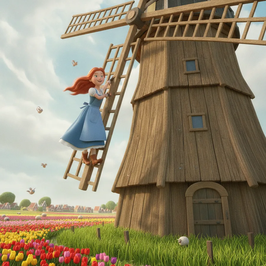This coloring page features a joyful princess climbing a windmill. The tulips and sky provide easy areas to color, while the ladder adds a fun challenge.