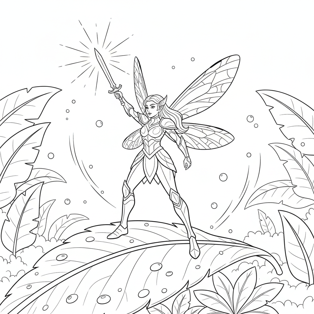 Warrior Fairy on a Leaf — Free Coloring Page for Kids coloring page