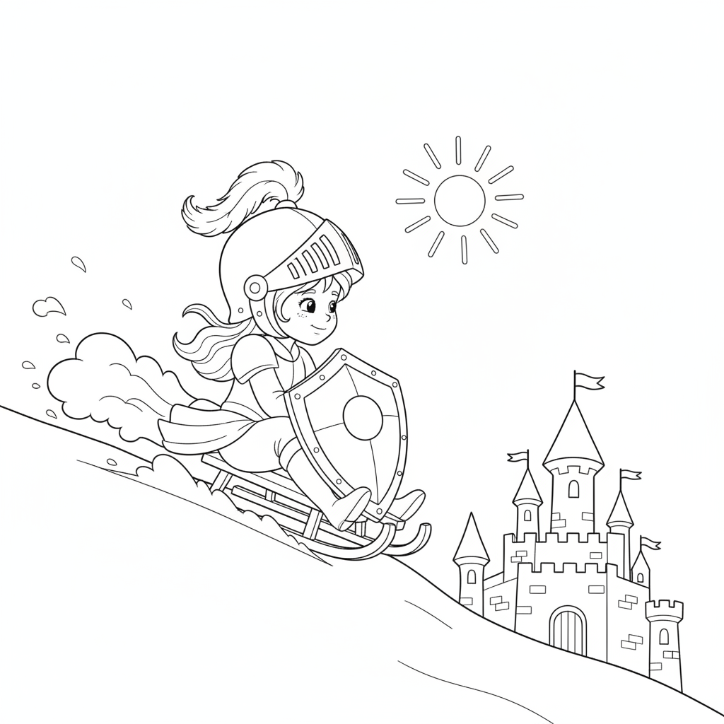 Cheerful Girl Knight Sledding — Free Coloring Page for Kids