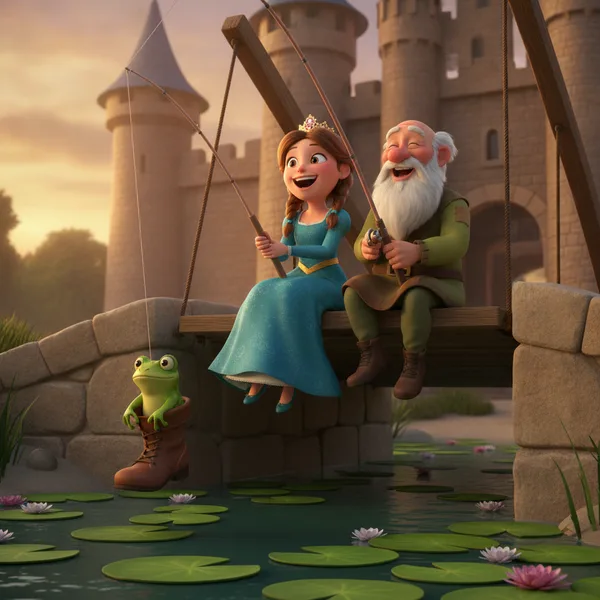 Niña Alegre en un Columpio junto al Castillo al Atardecer — Dibujos de Princesas para Colorear — Gratis para Imprimir