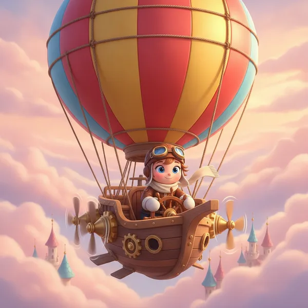Kind in einem Heißluftballon zwischen Schlössern — Prinzessinnen Ausmalbild — Kostenlos Ausdrucken