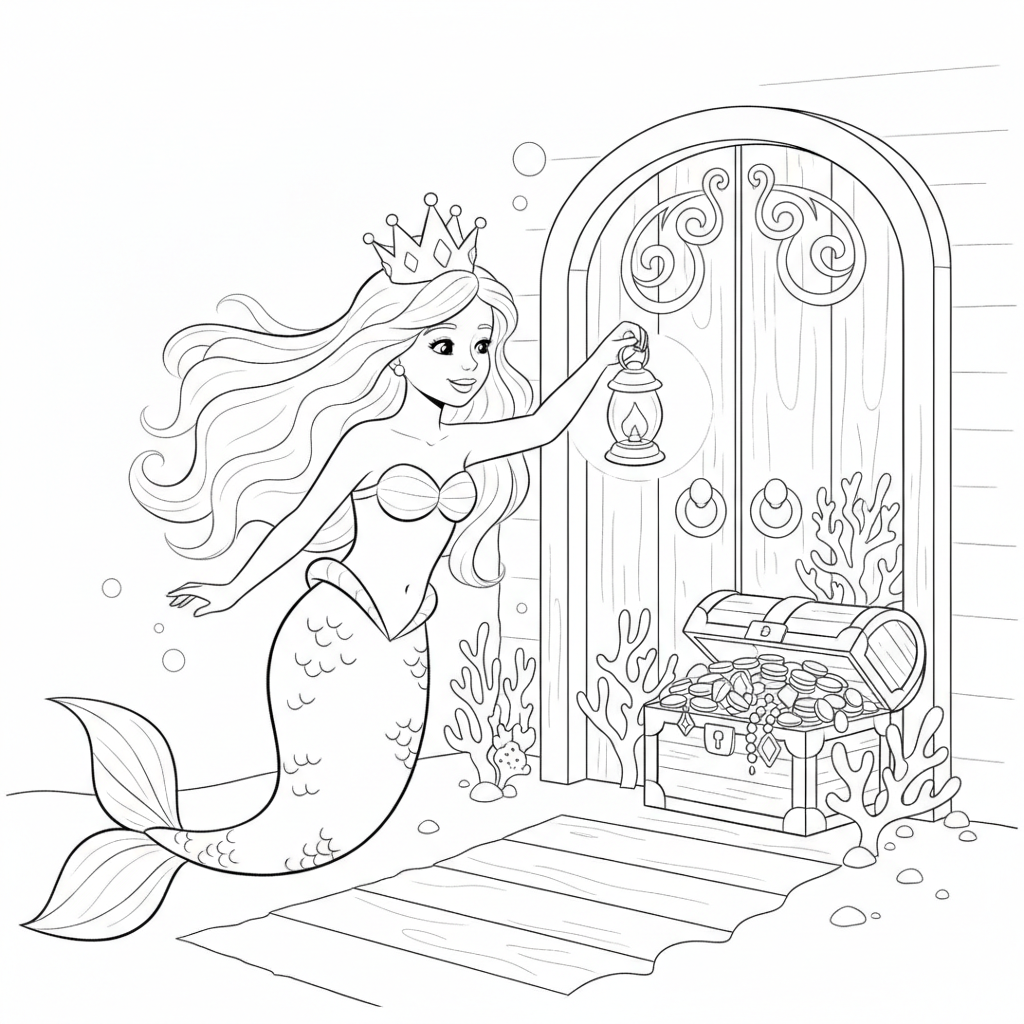 Cheerful Mermaid with Treasure Chest — Free Coloring Page for Kids