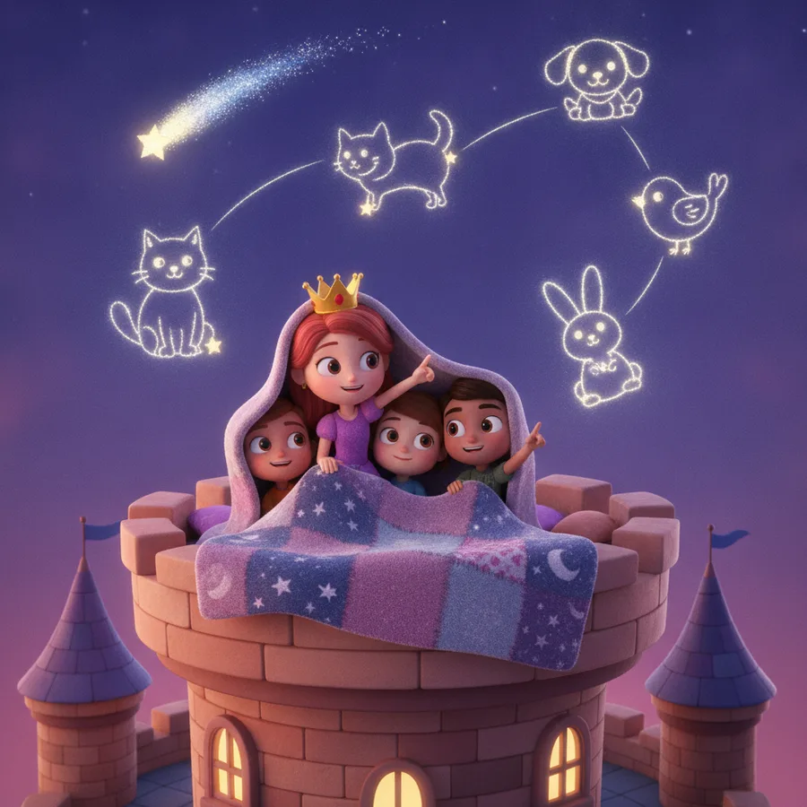Dieses Ausmalbild zeigt Kinder, die unter einer bunten Decke kuscheln, was das Ausmalen der Decke und des Schloss-Turms spannend macht. Die Sterne sind einfach zu kolorieren, während die Details der Gesichter eine größere Herausforderung darstellen können.