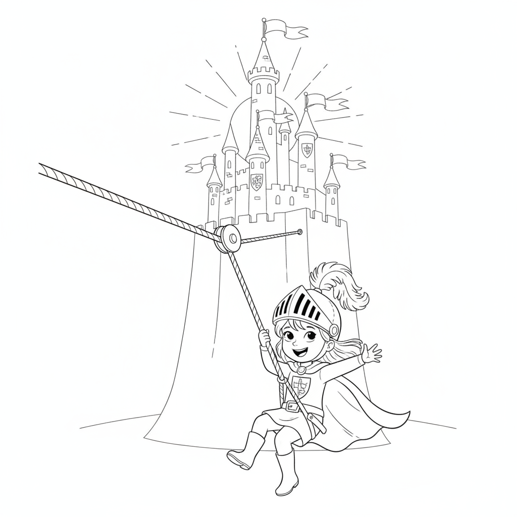 Jeune Chevalier sur une Tyrolienne — Coloriage Princesses — Gratuit à Imprimer