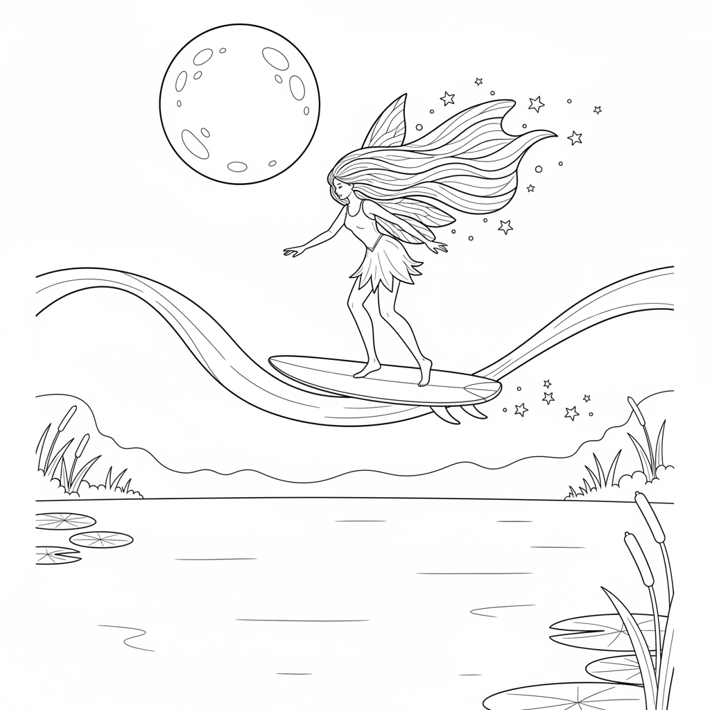 Moonbeam Fairy on Crescent Moon — Free Coloring Page for Kids coloring page