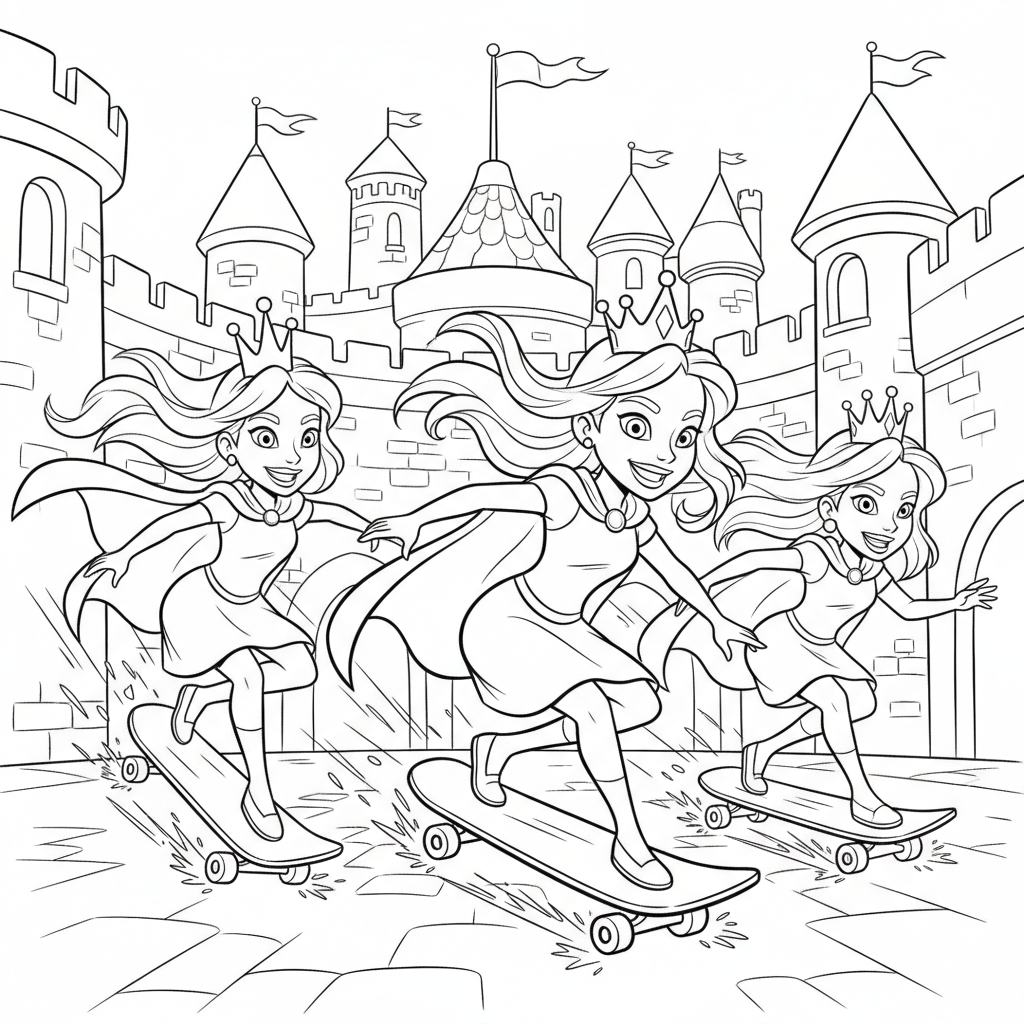 Princess Skater Crew — Free Printable Coloring Page for Kids coloring page