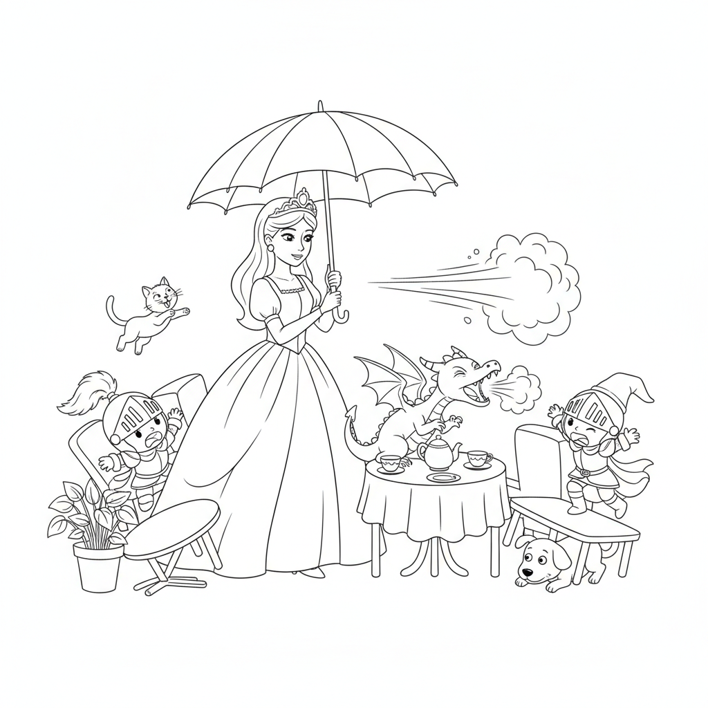 Fête de Thé Enchantée — Coloriage Princesses — Gratuit à Imprimer