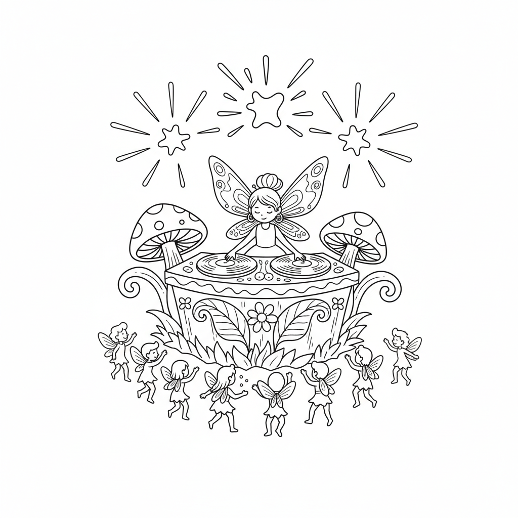 Whimsical Fairy DJ Booth — Free Coloring Page for Kids coloring page