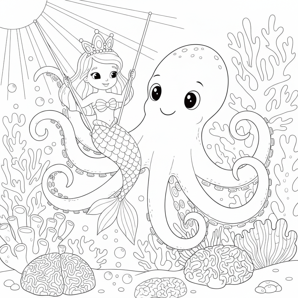 Cheerful Mermaid on Octopus Tentacle — Free Coloring Page for Kids