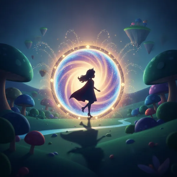 A girl in a cape by a glowing portal — Free Coloring Page for Kids