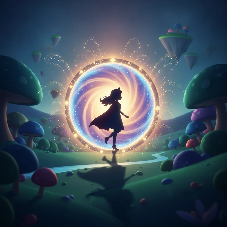 A girl in a cape by a glowing portal — Free Coloring Page for Kids