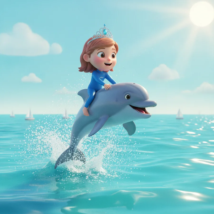 This delightful coloring page features a cheerful princess riding a playful dolphin. The ocean waves and fluffy clouds are easy to color, while the tiara adds a fun challenge.