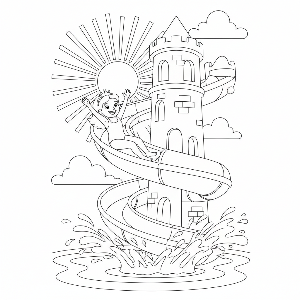 Cheerful Princess on Water Slide — Free Coloring Page for Kids