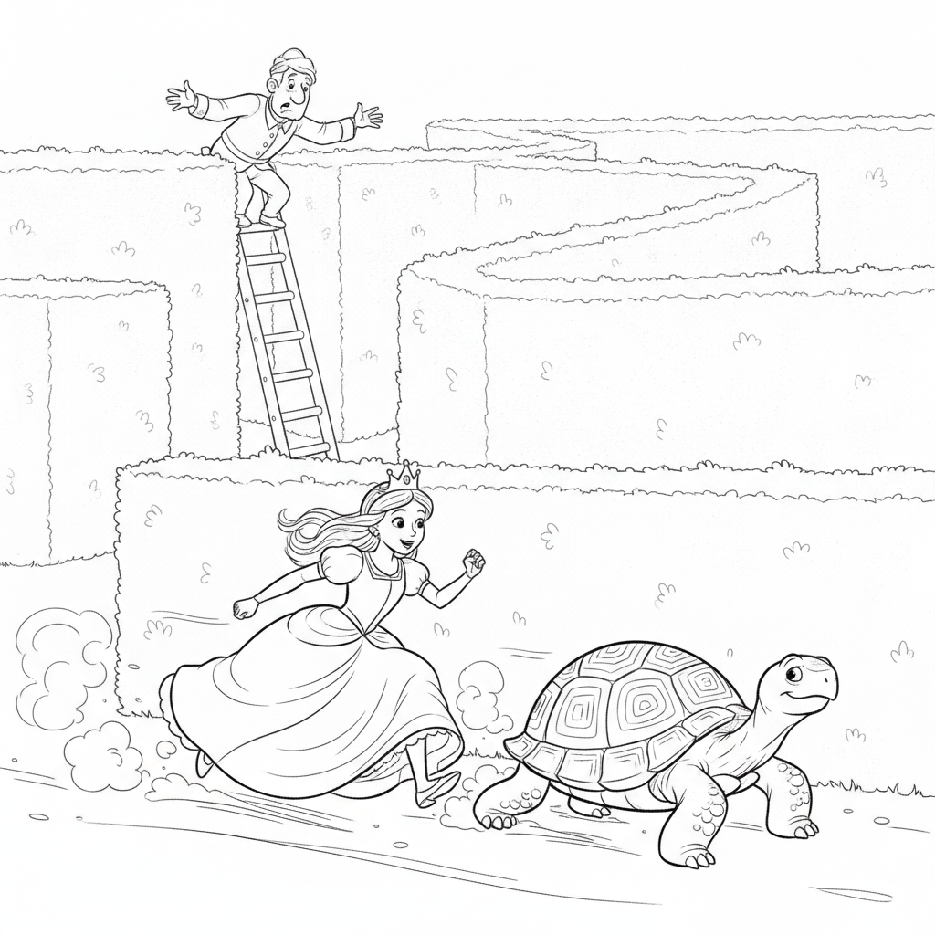 Princess Running Alongside a Turtle — Free Coloring Page for Kids