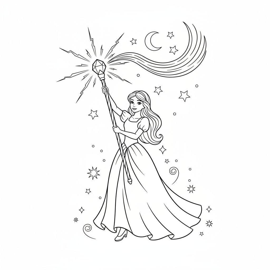 Princess with Magic Staff — Free Printable Coloring Page for Kids coloring page