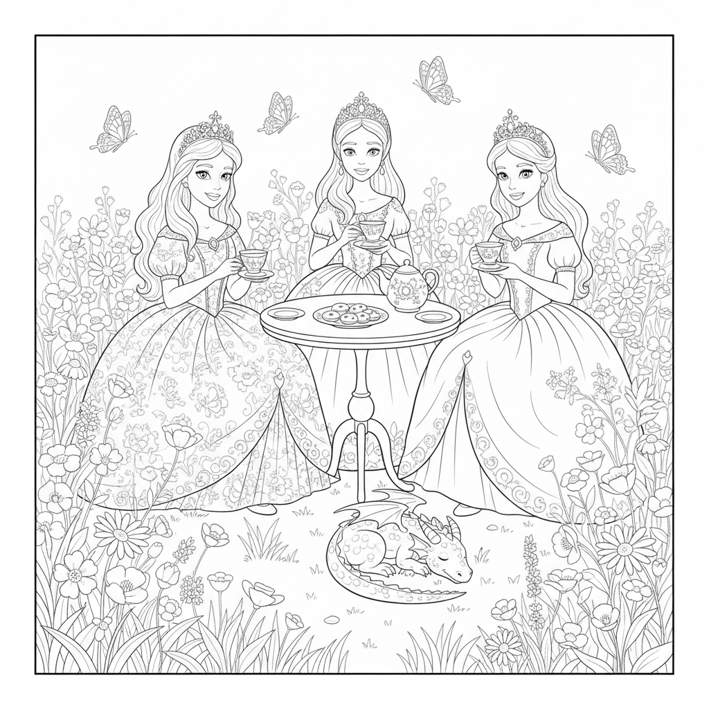 Whimsical Tea Party in a Flower Meadow — Free Coloring Page for Kids coloring page