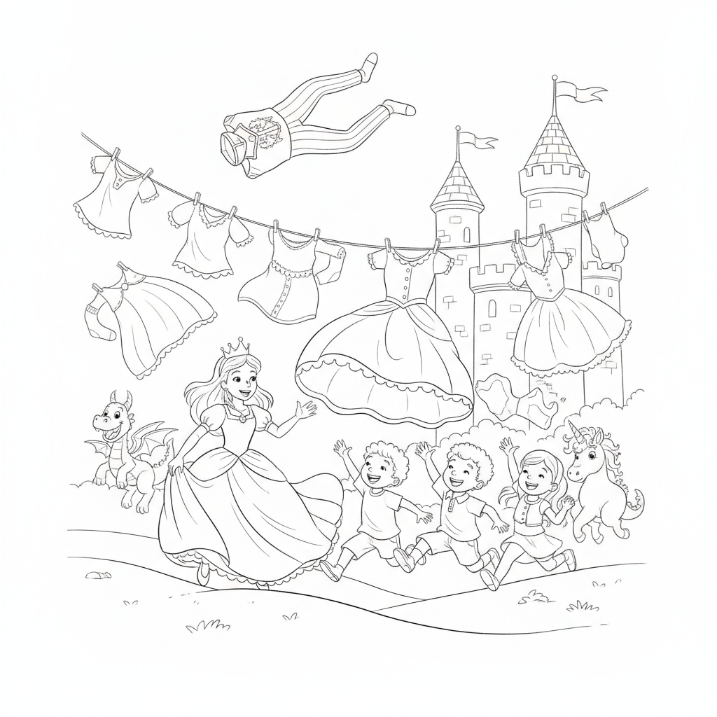 Joyful Princess Reaching for Laundry — Free Coloring Page for Kids