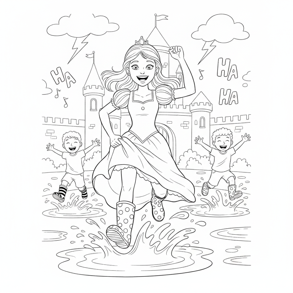 Princesse Joyeuse Courant dans les Puddles — Coloriage Princesse — Gratuit à Imprimer
