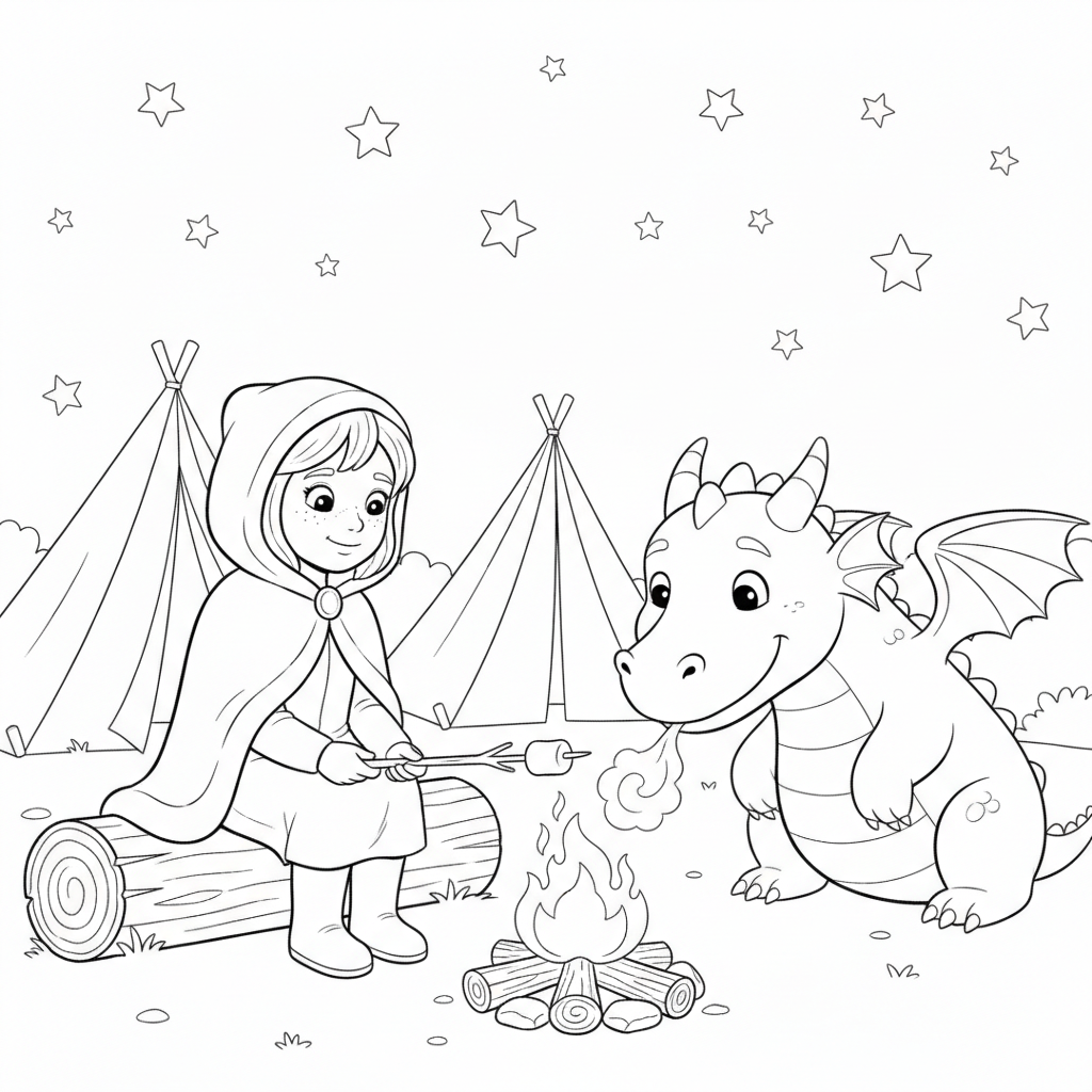 Enfant avec Dragon près du Feu de Camp — Coloriage Princesses — Gratuit à Imprimer