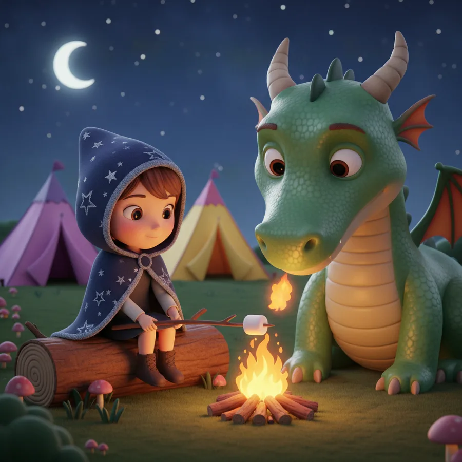 Cette charmante page de coloriage présente un enfant avec une cape étoilée et un dragon amical près d'un feu de camp. Les zones faciles incluent le tronc et la chaleur du feu, tandis que les étoiles et les écailles du dragon offrent un défi amusant.