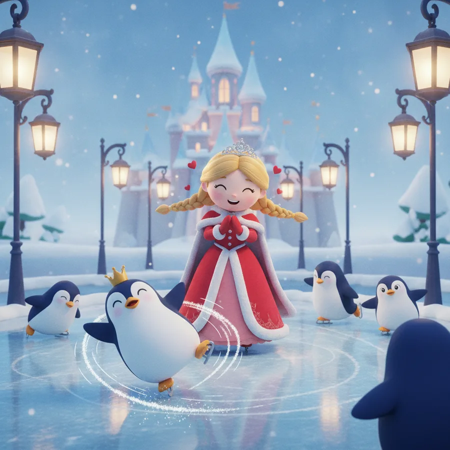 This coloring page features a joyful girl skating with penguins in a snowy landscape. The larger areas, like the dress and ice, are easy to color, while the details of the castle provide a fun challenge.