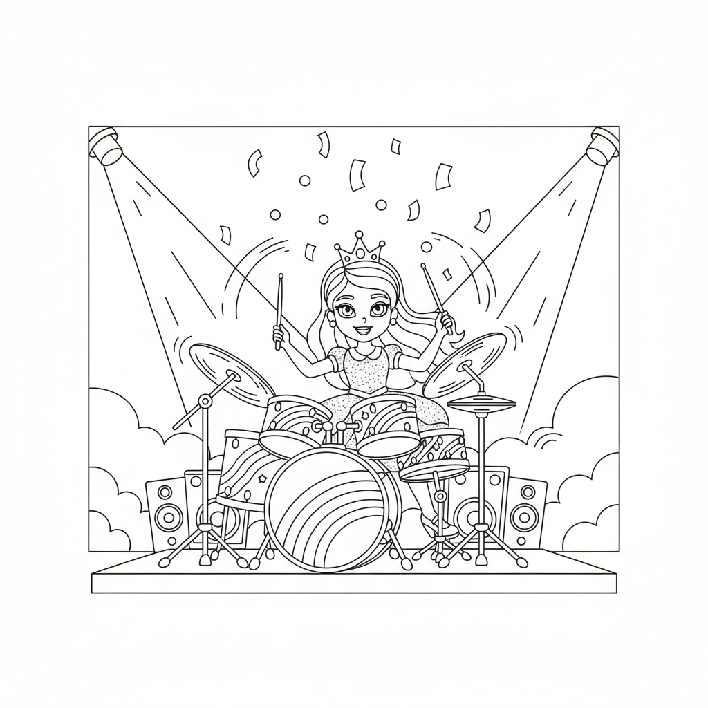 Rainbow Drum Set Princess — Free Printable Coloring Page for Kids coloring page
