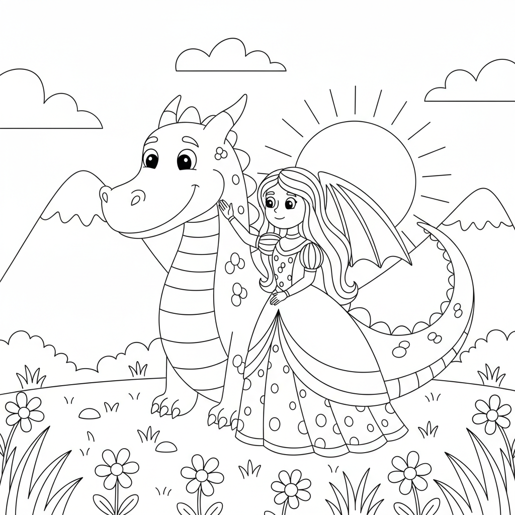 Princess and Friendly Dragon — Free Coloring Page for Kids coloring page