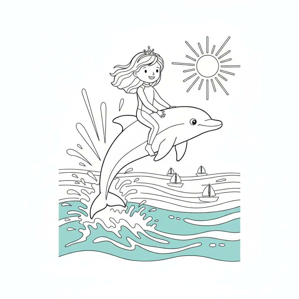 Cheerful Princess Riding a Dolphin — Free Coloring Page for Kids