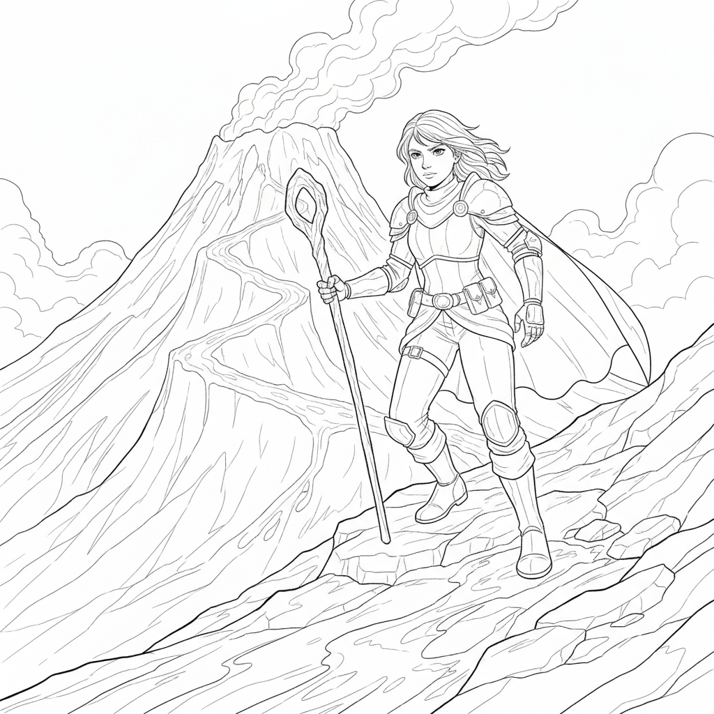 Young Knight on a Volcano Path — Free Coloring Page for Kids coloring page