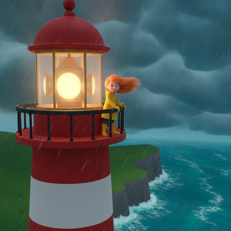 This coloring page features a young princess at a lighthouse during a storm. The large areas of her raincoat are easy to color, while the ocean waves offer a fun challenge.