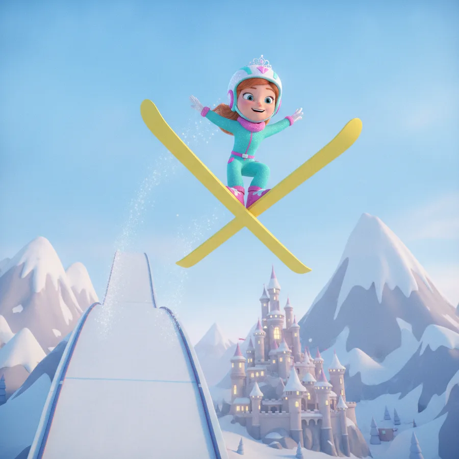 This coloring page features a cheerful princess performing a ski jump. The bright ski suit is easy to color, while the detailed mountains provide a fun challenge.