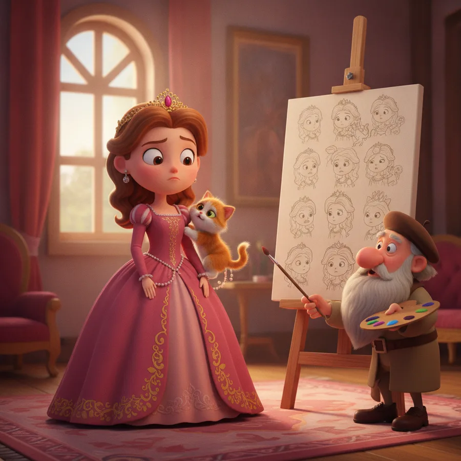 Dieses Ausmalbild zeigt eine junge Prinzessin in einem rosa Kleid mit einem Kätzchen. Das Kleid ist einfach auszumalen, während die Raumdetails eine angenehme Herausforderung darstellen.