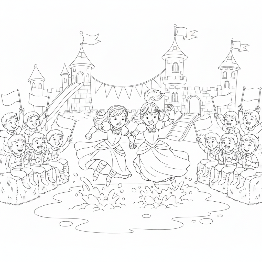 Fröhliche Prinzessin und Ritter springen zusammen — Prinzessinnen Ausmalbild — Kostenlos Ausdrucken
