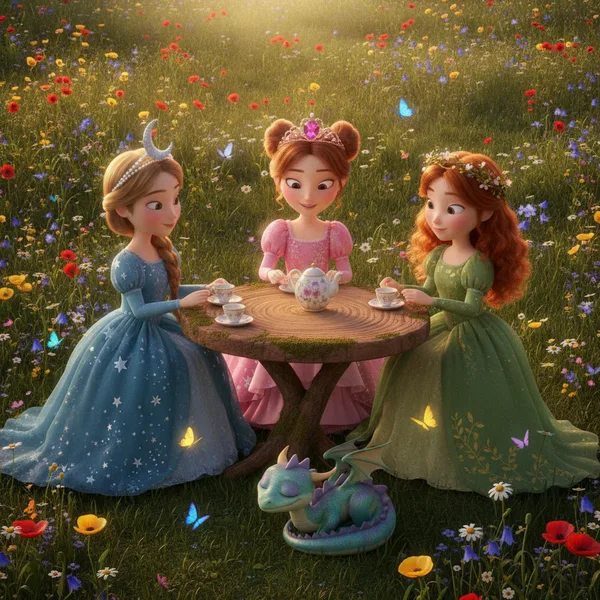 Whimsical Tea Party in a Flower Meadow — Free Coloring Page for Kids