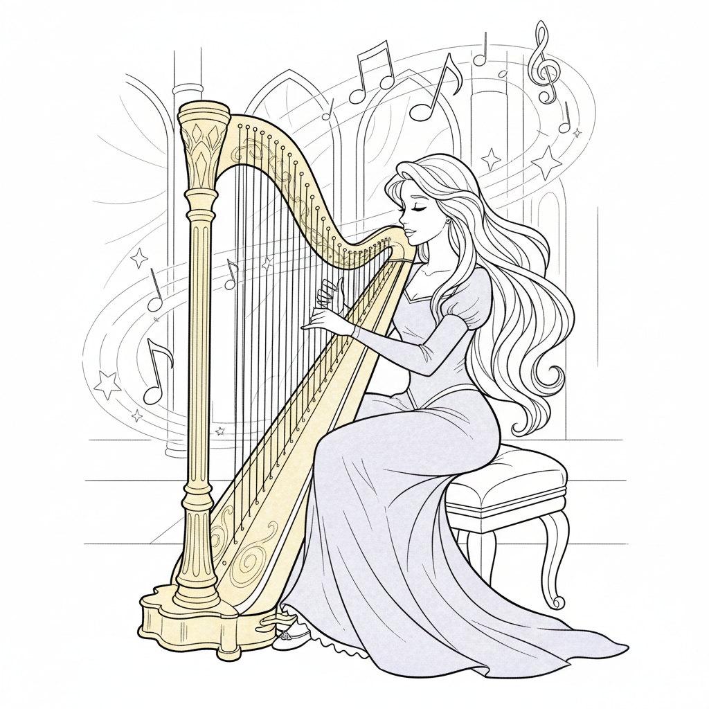 Music Princess Harp — Free Coloring Page for Kids coloring page