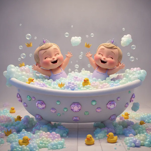 Twin Baby Princess Bath — Free Printable Coloring Page for Kids