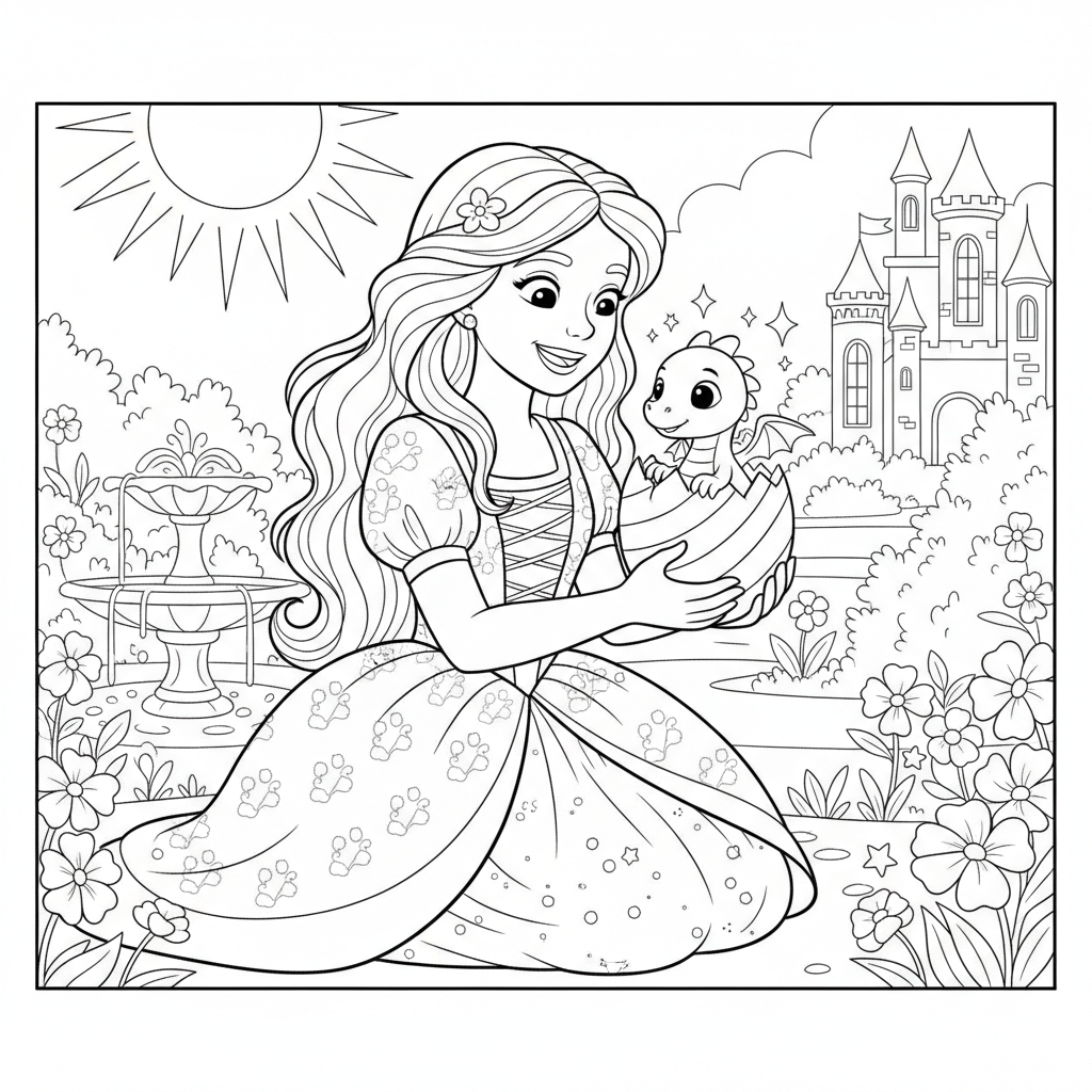 Princess Dragon Hatchling Adventure — Free Coloring Page for Kids coloring page