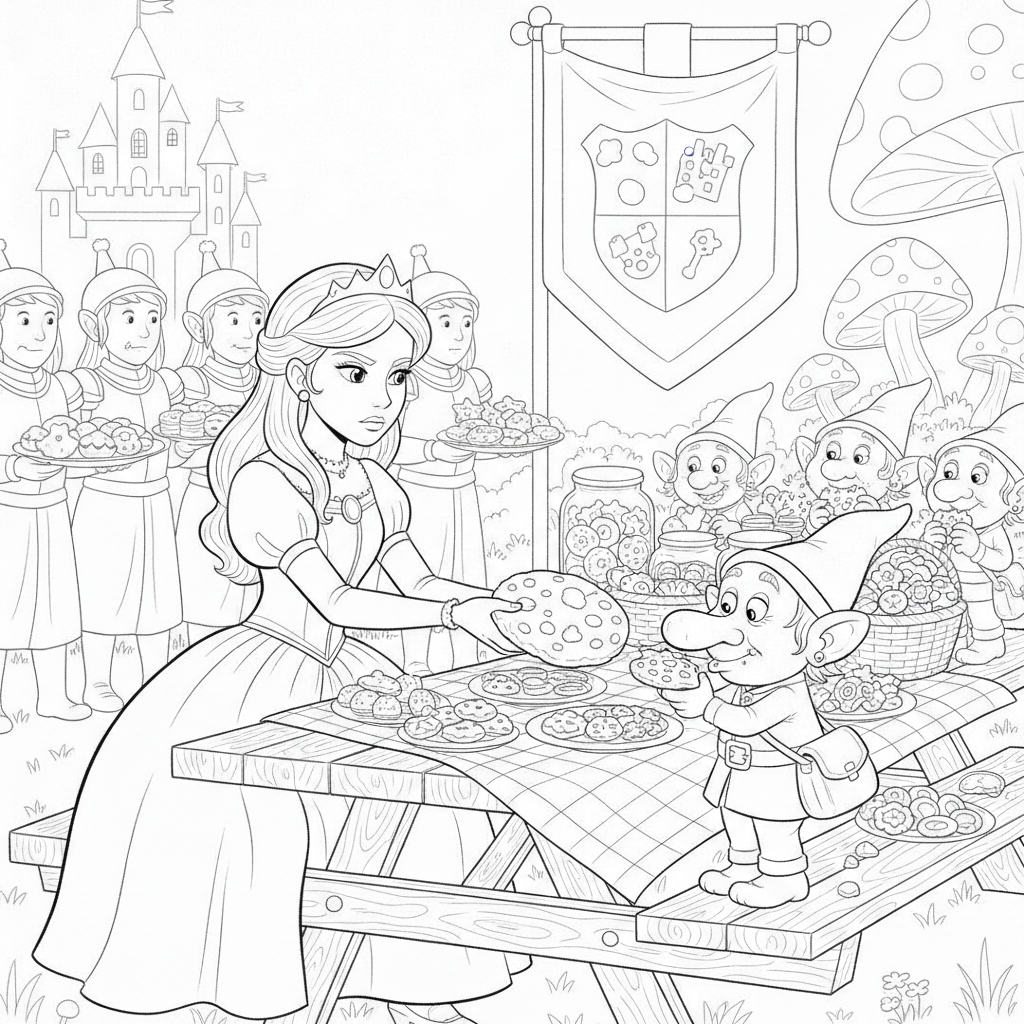 Piquenique Mágico com Goblins — Desenho de Princesas para Colorir — Grátis