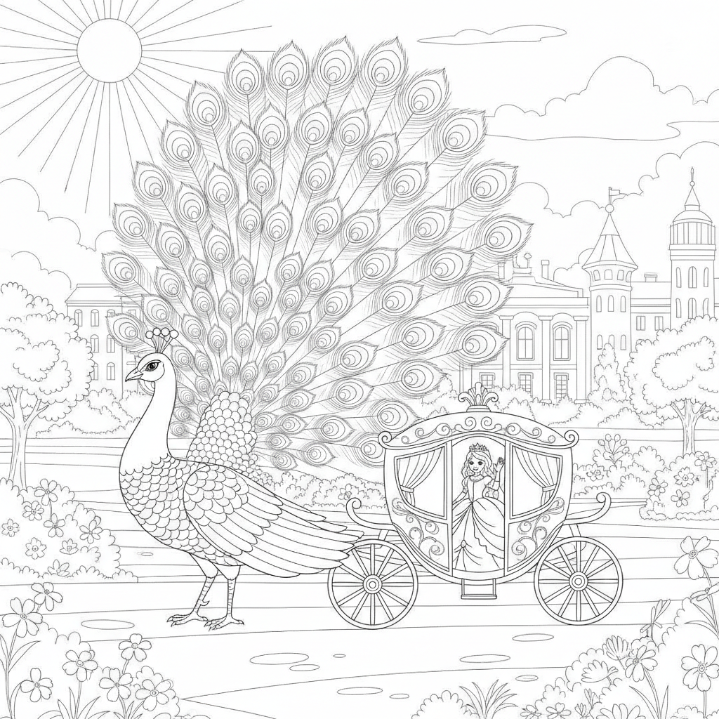 Une Princesse dans une Carrosse avec un Paon — Coloriage Princesses — Gratuit à Imprimer